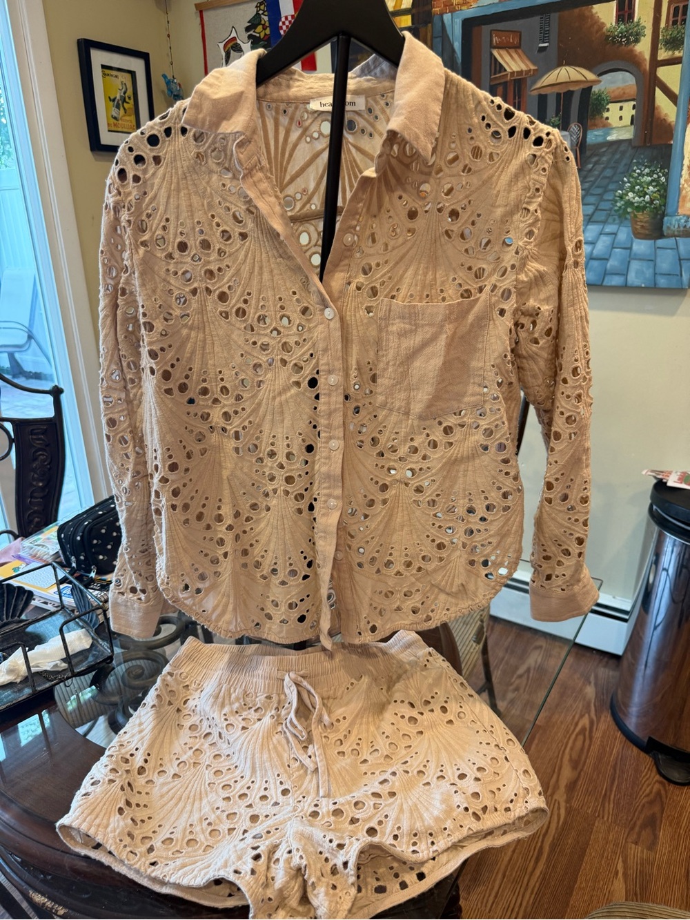 Heartloom Embroidered Eyelet Button-Up Top & Shorts Set - Beige